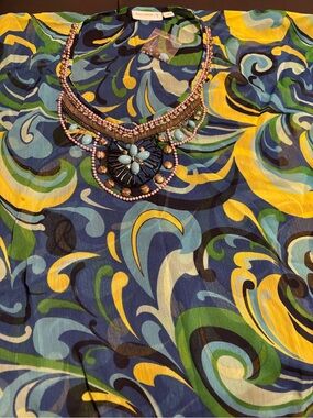 Susan Graver NWOT 3X Sheer Chiffon Tunic Top Blue Yellow Swirl Beaded Neckline